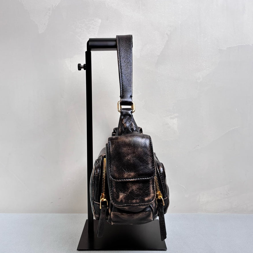 MIU MIU Distressed Lambskin Leather Hobo Handbag Chip Version Sand and Coffee Color