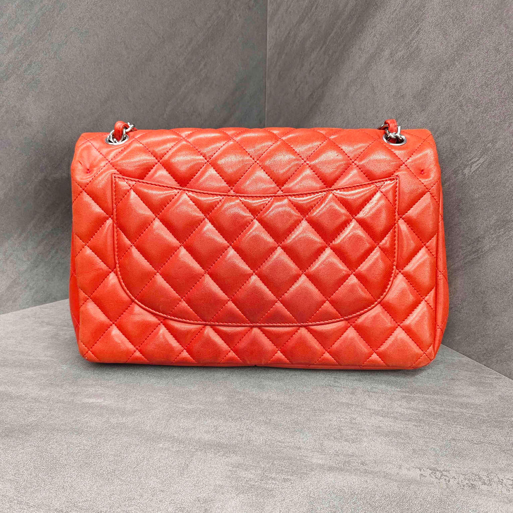 Chanel CF Jumbo Red Silver Lambskin Chain Bag 15 Series with Card