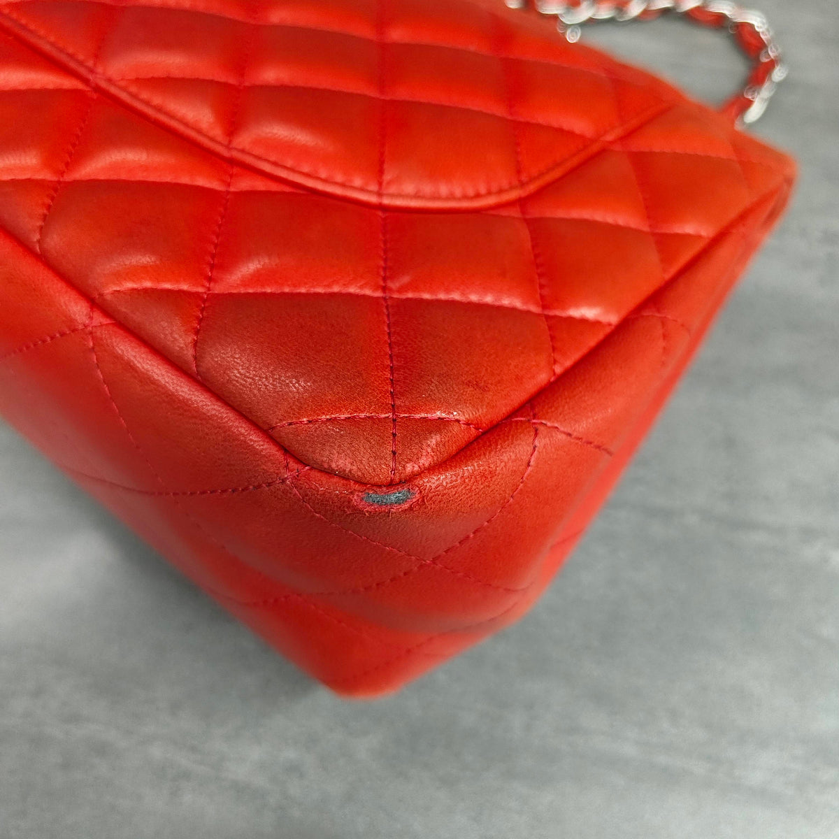 Chanel CF Jumbo Red Silver Lambskin Chain Bag 15 Series with Card