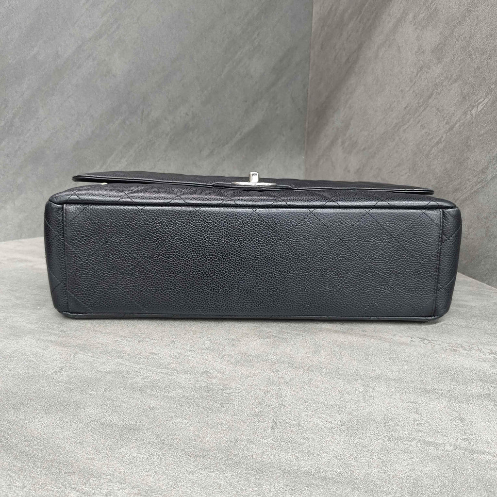 CHANEL cf maxi black silver caviar leather chain shoulder bag 15 series with card