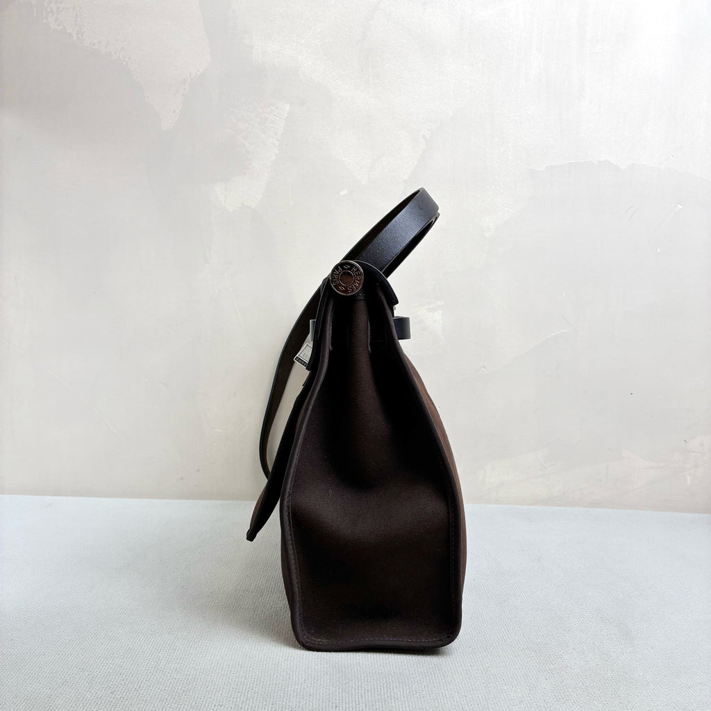 Hermes Herbag in Brown Ebony Color with Silver Hardware, D Stamp, No Lock