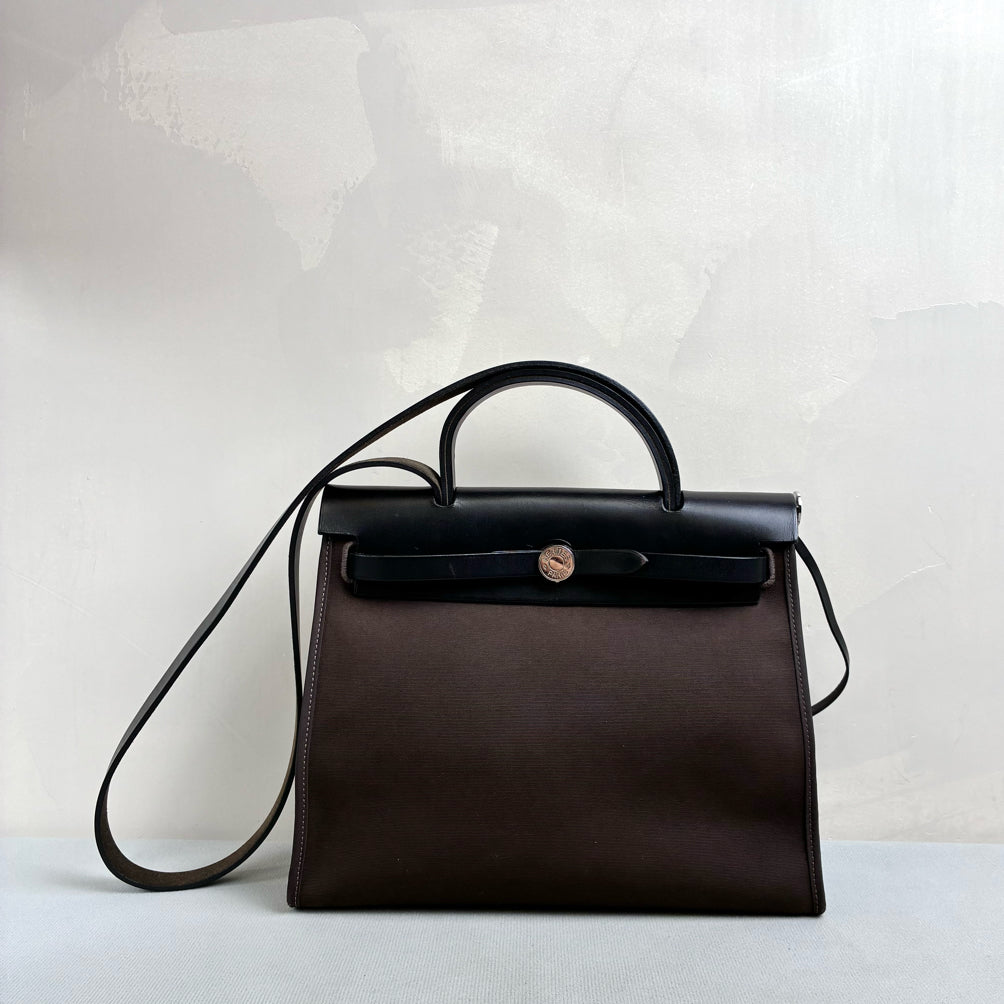Hermes Herbag in Brown Ebony Color with Silver Hardware, D Stamp, No Lock