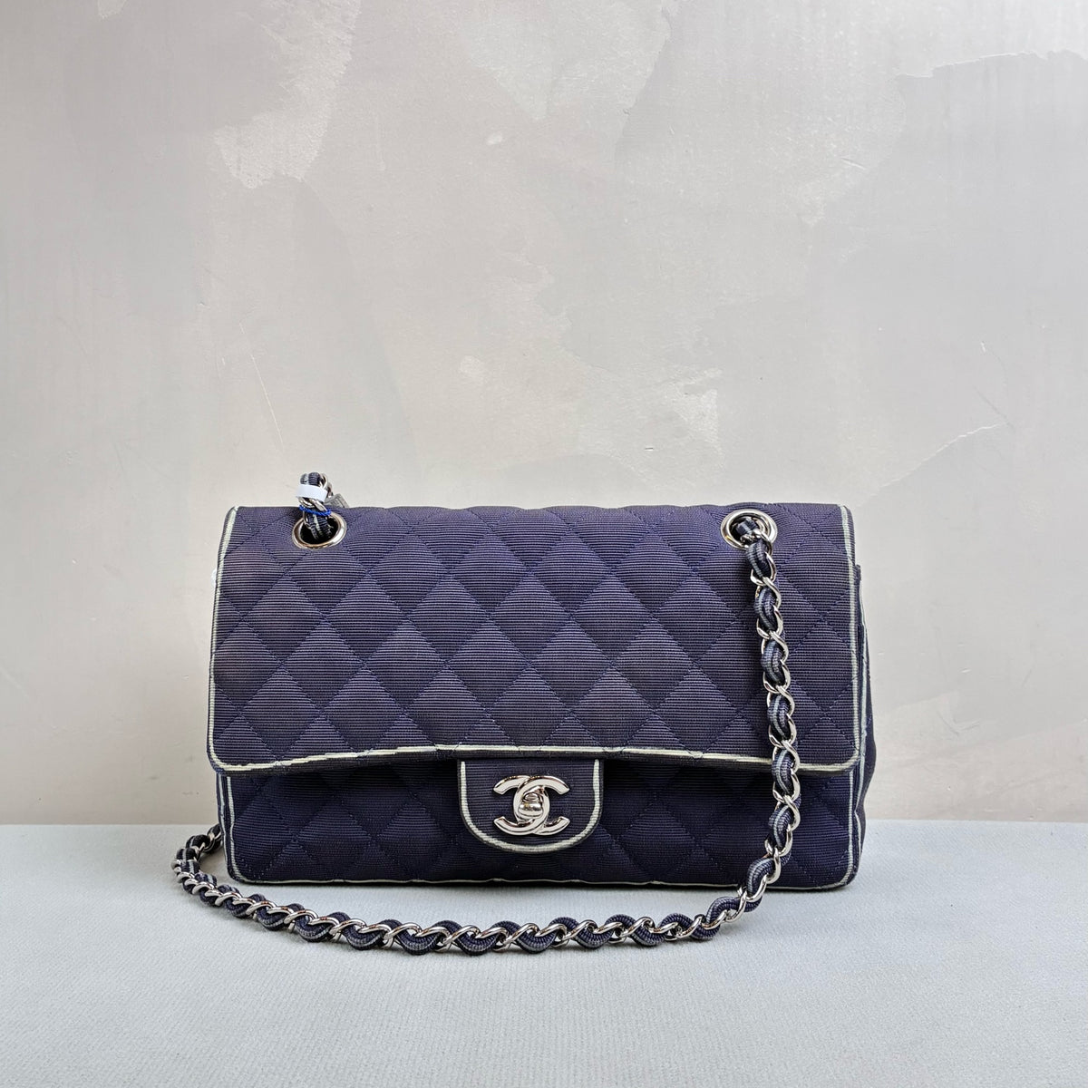 Chanel Blue and Silver CF Medium Chain Bag, Classic Quilted Fabric, Chain Shoulder Strap