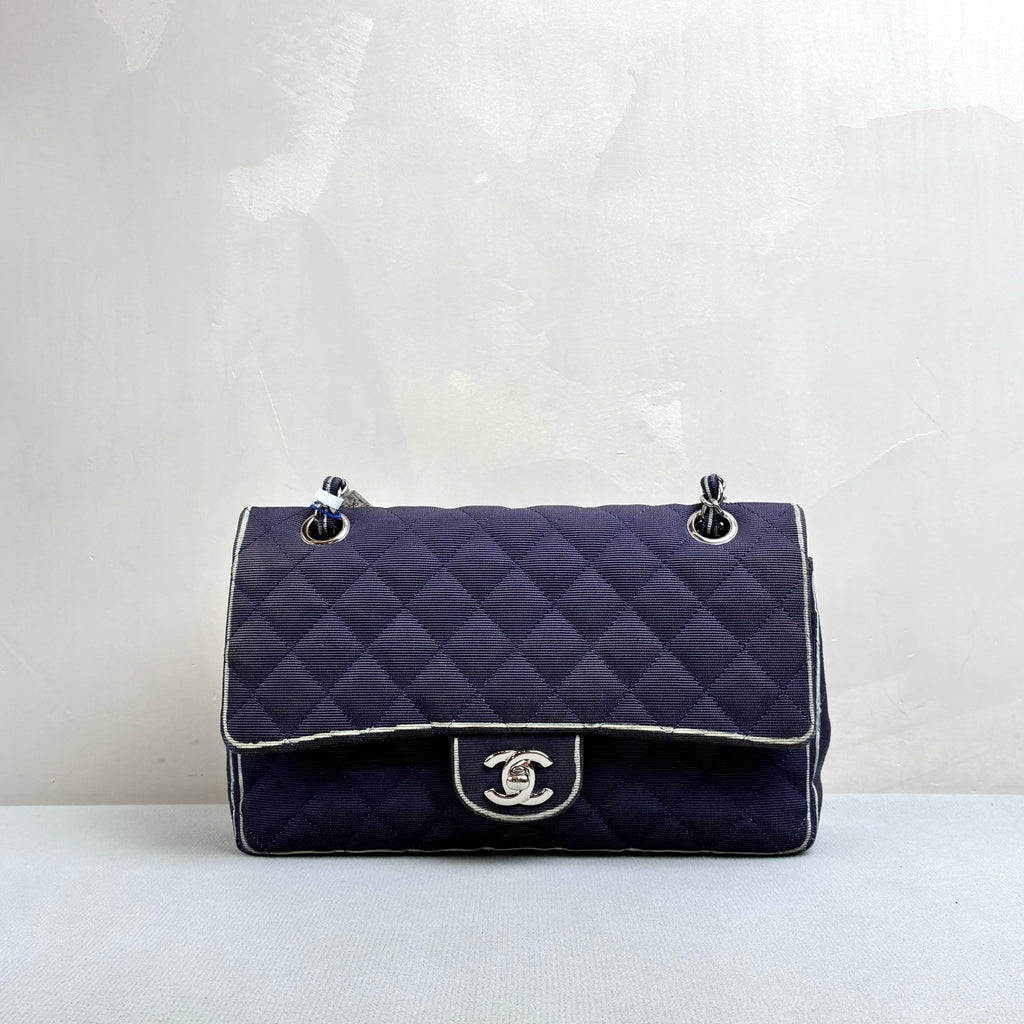 Chanel Blue and Silver CF Medium Chain Bag, Classic Quilted Fabric, Chain Shoulder Strap
