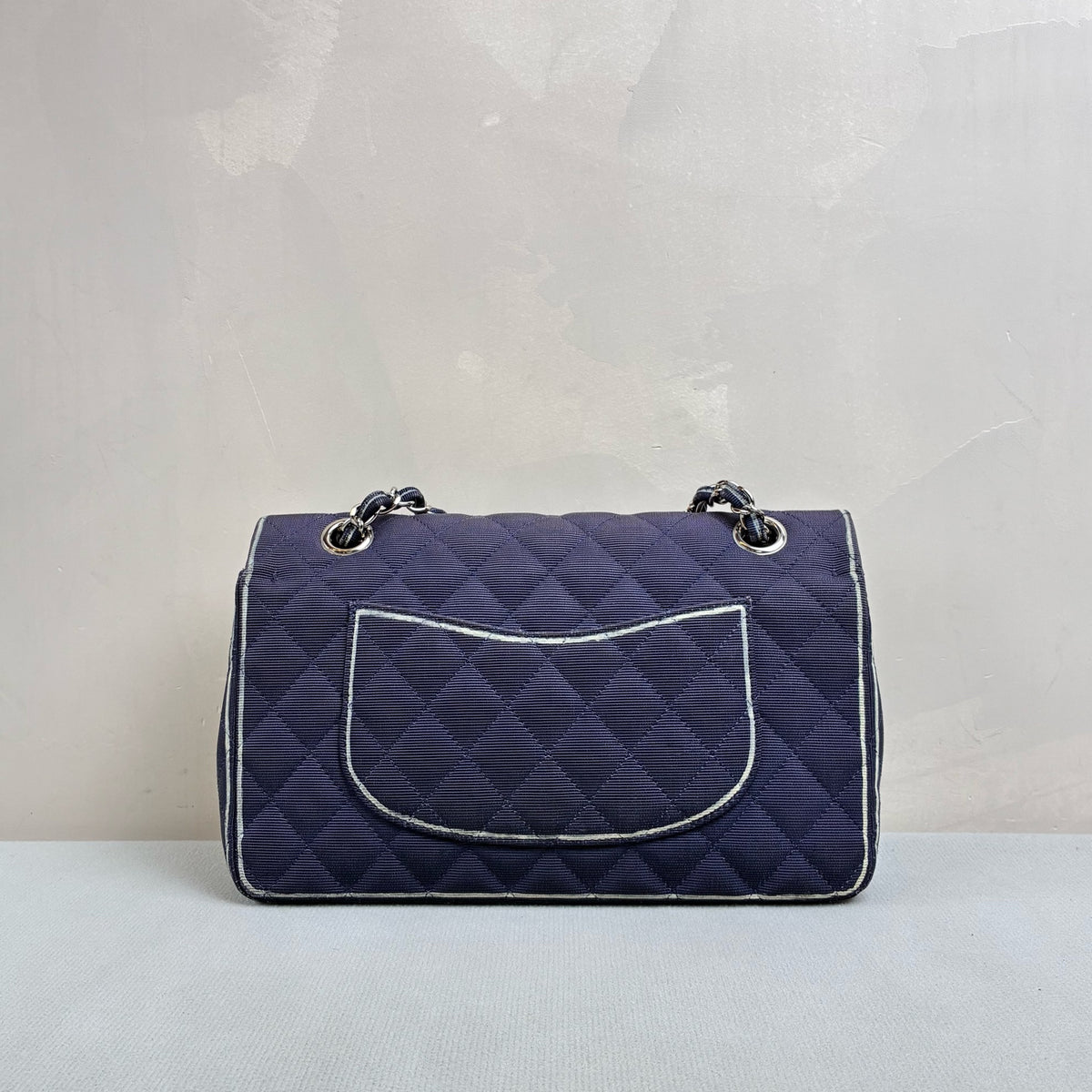 Chanel Blue and Silver CF Medium Chain Bag, Classic Quilted Fabric, Chain Shoulder Strap