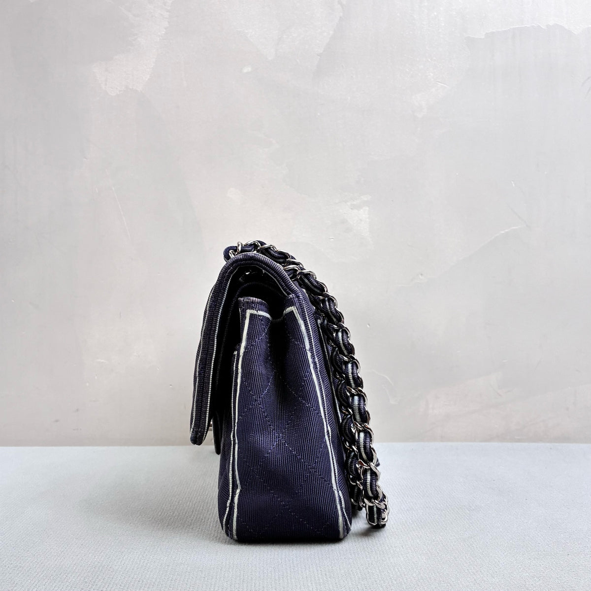 Chanel Blue and Silver CF Medium Chain Bag, Classic Quilted Fabric, Chain Shoulder Strap