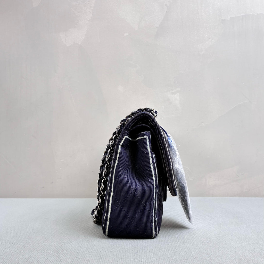 Chanel Blue and Silver CF Medium Chain Bag, Classic Quilted Fabric, Chain Shoulder Strap
