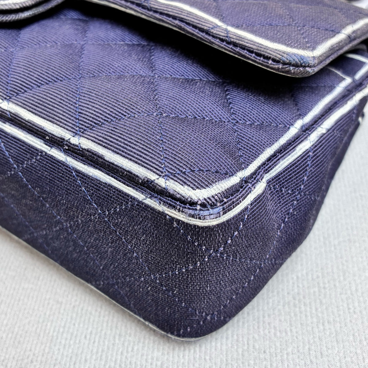 Chanel Blue and Silver CF Medium Chain Bag, Classic Quilted Fabric, Chain Shoulder Strap