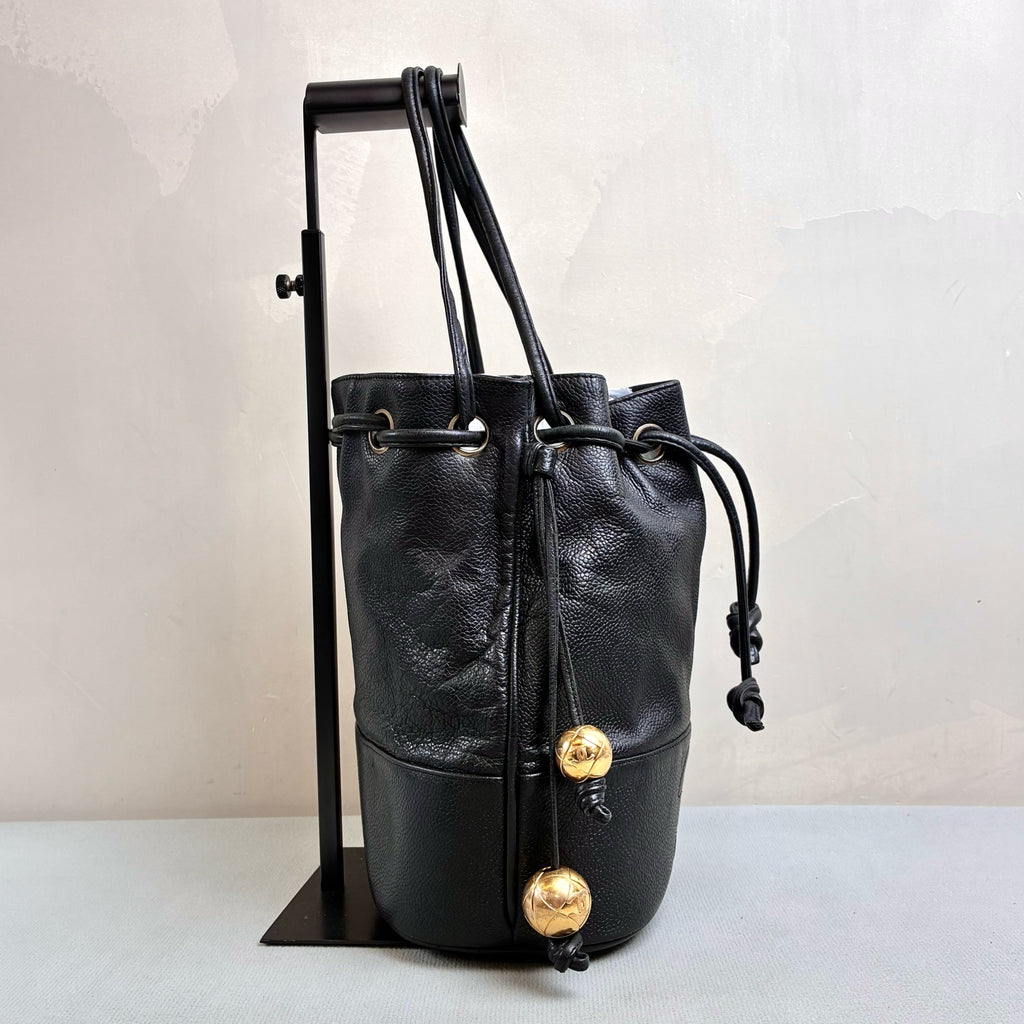 Chanel Vintage Gold Ball Bucket Bag with Calfskin Leather and Thin Strap