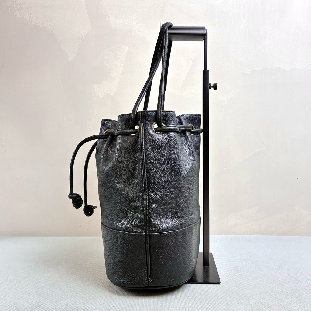 Chanel Vintage Gold Ball Bucket Bag with Calfskin Leather and Thin Strap