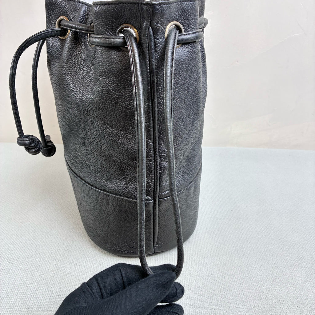 Chanel Vintage Gold Ball Bucket Bag with Calfskin Leather and Thin Strap