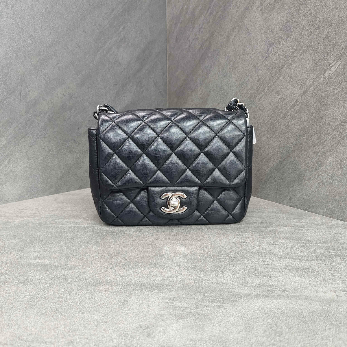 Chanel Square Bag Black Silver Lambskin Chain 22