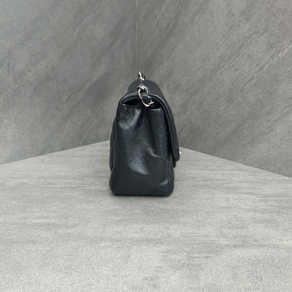 Chanel Square Bag Black Silver Lambskin Chain 22