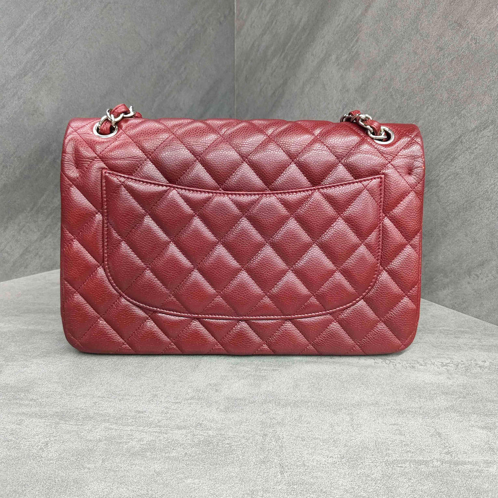 Chanel CF Jumbo Burgundy Silver Hardware Calfskin Chain Bag with 15 Series Card
