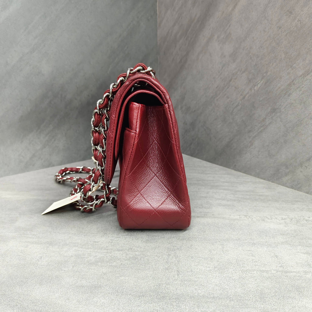 Chanel CF Jumbo Burgundy Silver Hardware Calfskin Chain Bag with 15 Series Card
