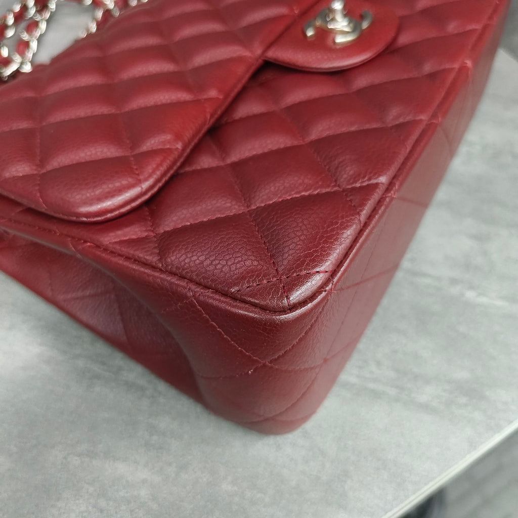 Chanel CF Jumbo Burgundy Silver Hardware Calfskin Chain Bag with 15 Series Card
