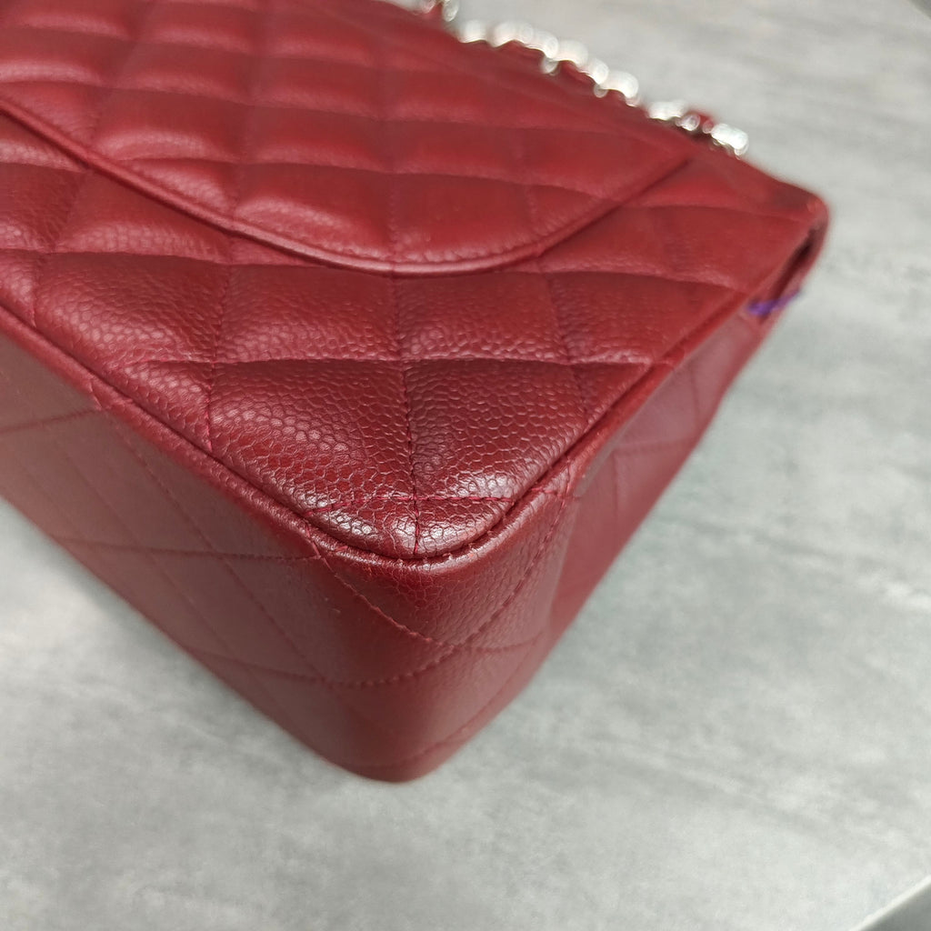 Chanel CF Jumbo Burgundy Silver Hardware Calfskin Chain Bag with 15 Series Card
