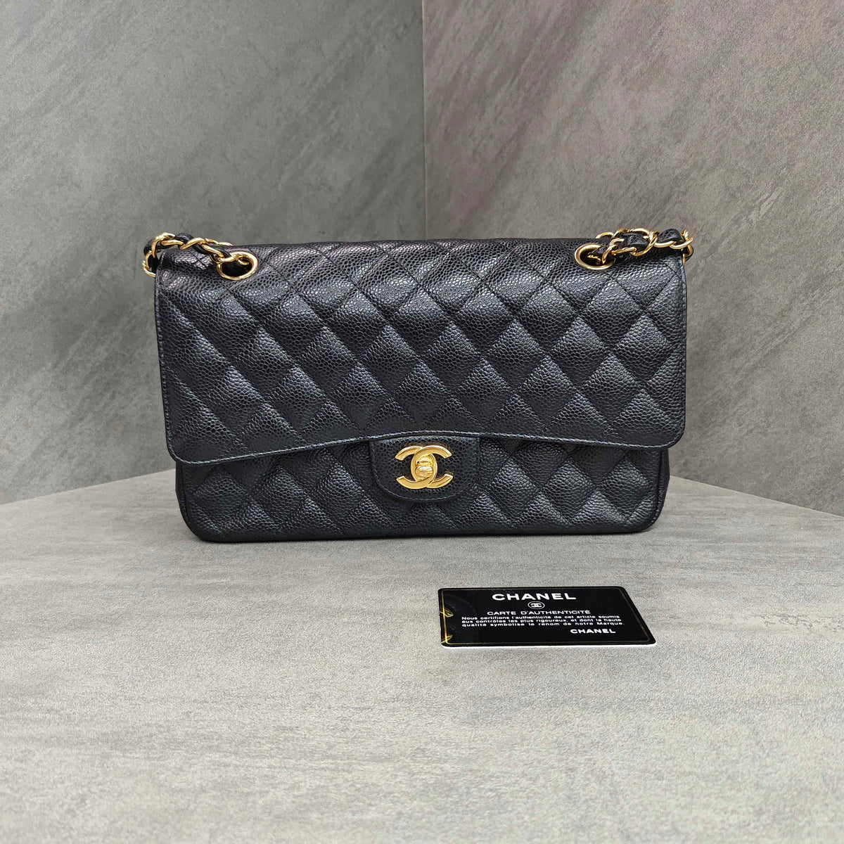 Chanel CF Black Gold Caviar Leather Chain Bag