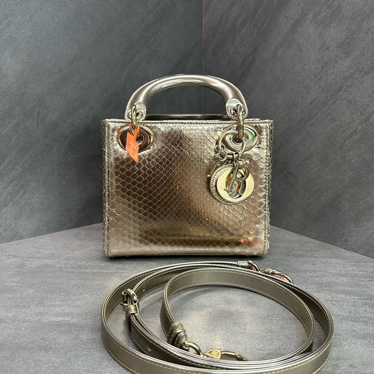 Dior Lady Dior Gold Gold Hardware Snake Skin Bag with 2014 Code