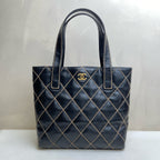 Chanel Vintage Vivienne Quilted Tote Bag Black Gold Exterior Stitching