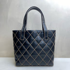 Chanel Vintage Vivienne Quilted Tote Bag Black Gold Exterior Stitching