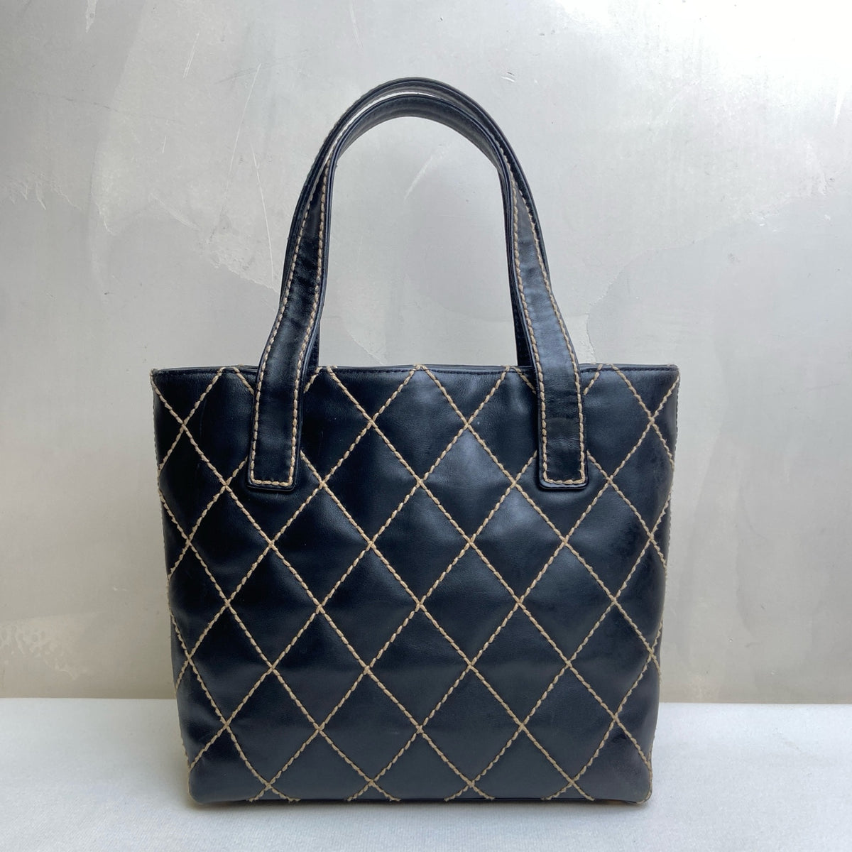 Chanel Vintage Vivienne Quilted Tote Bag Black Gold Exterior Stitching