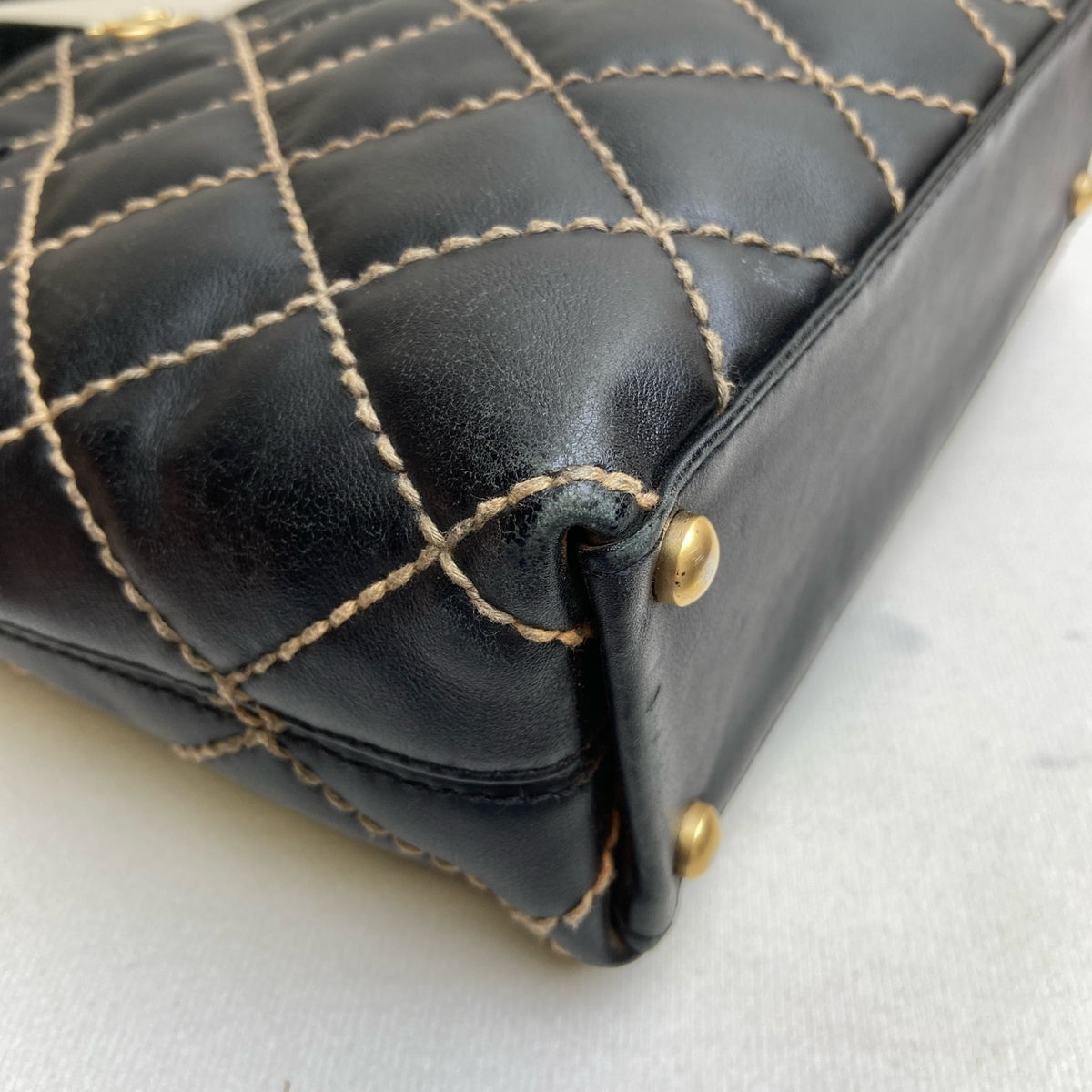 Chanel Vintage Vivienne Quilted Tote Bag Black Gold Exterior Stitching