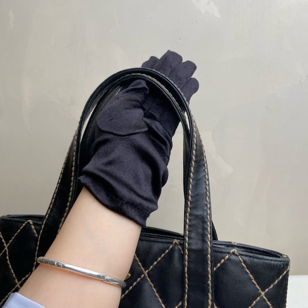 Chanel Vintage Vivienne Quilted Tote Bag Black Gold Exterior Stitching