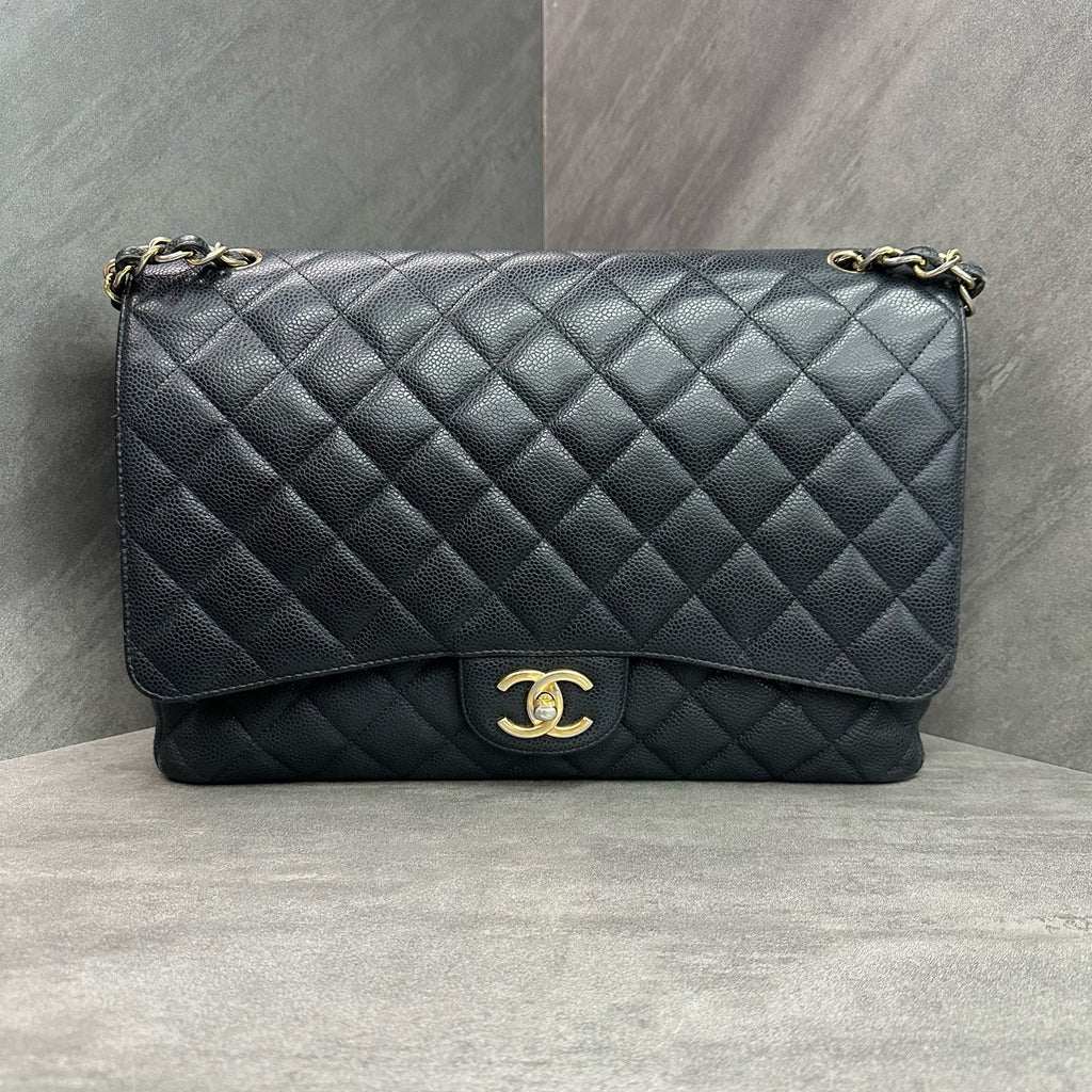 Chanel CF Black Gold Caviar Leather Chain Bag 19