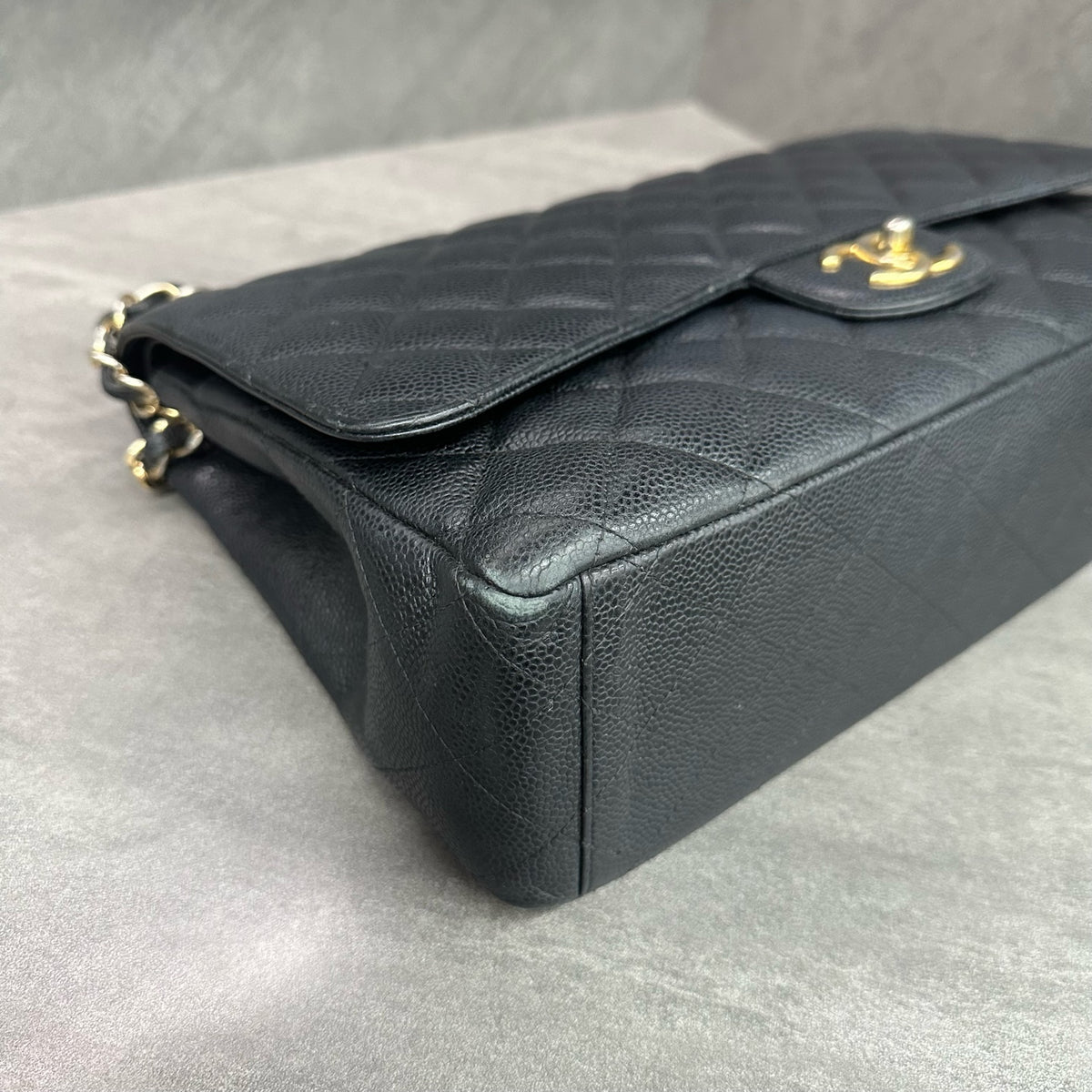 Chanel CF Black Gold Caviar Leather Chain Bag 19