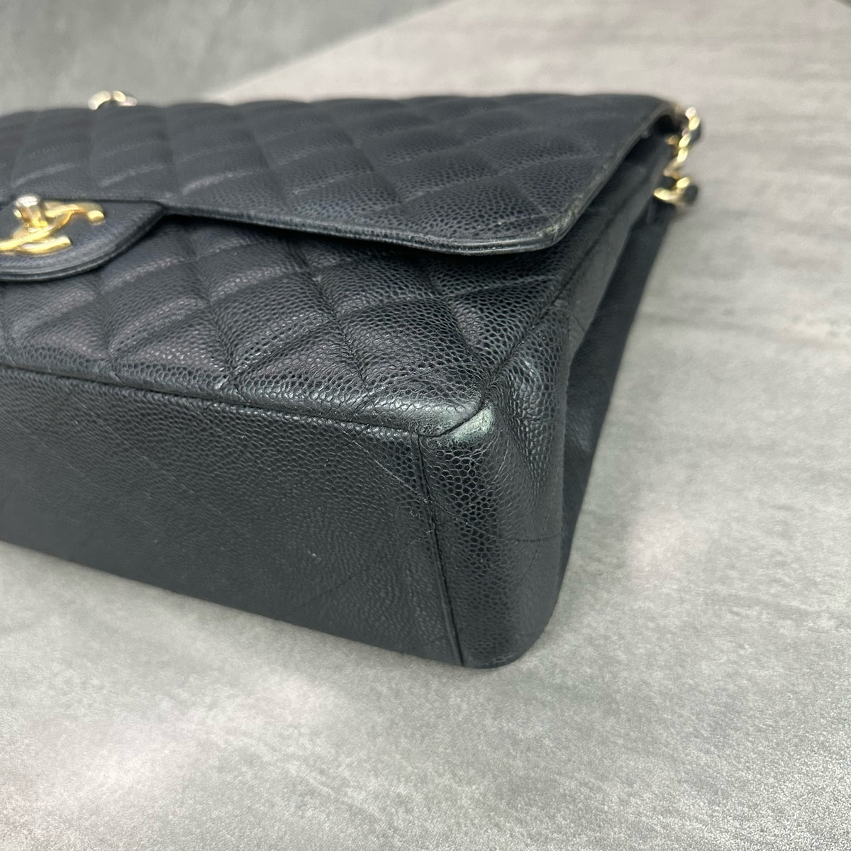 Chanel CF Black Gold Caviar Leather Chain Bag 19