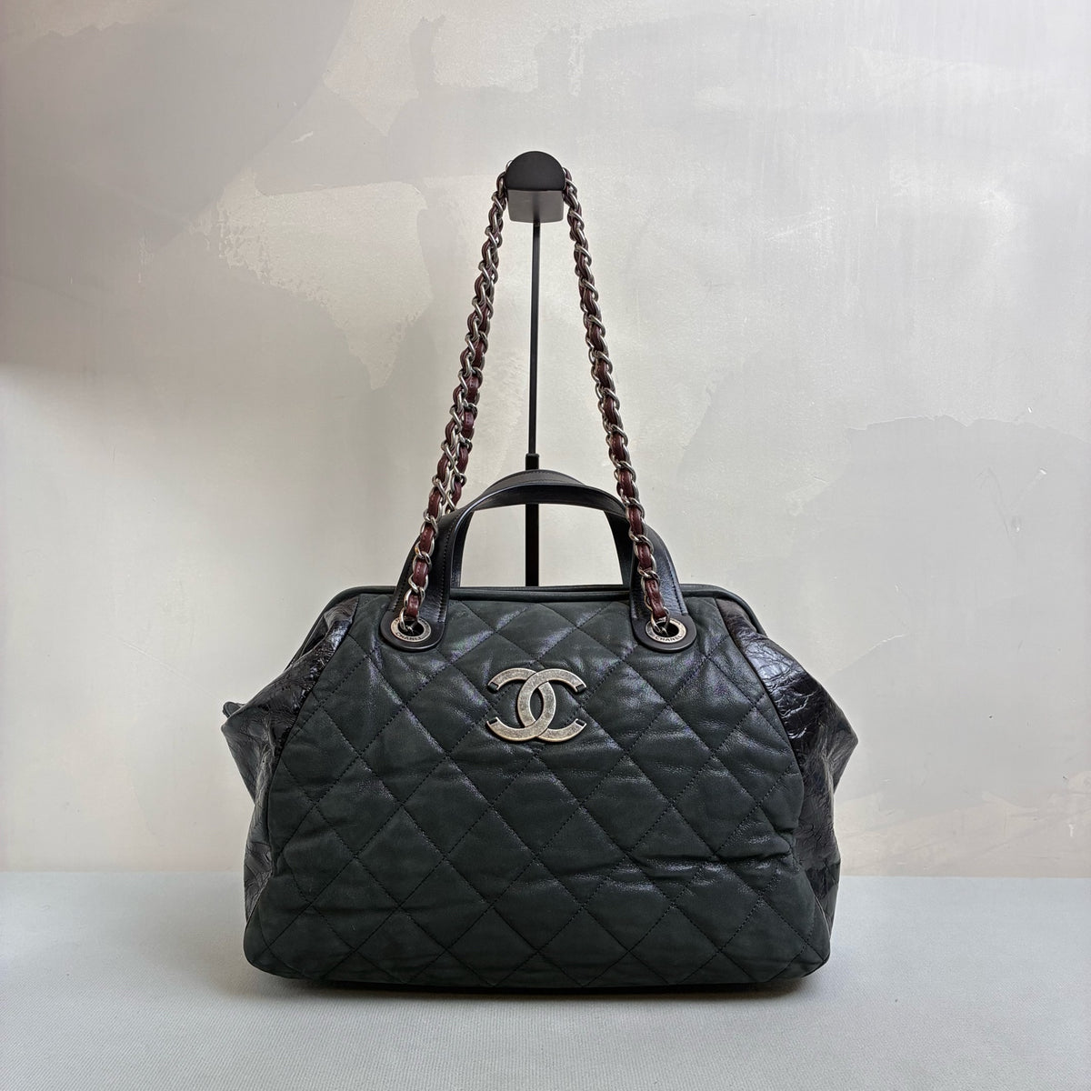 Chanel Black Quilted Chain Shoulder Bag, Bowling Bag Shape, Iridescent Calfskin and Oiled Leather, Classic Style
