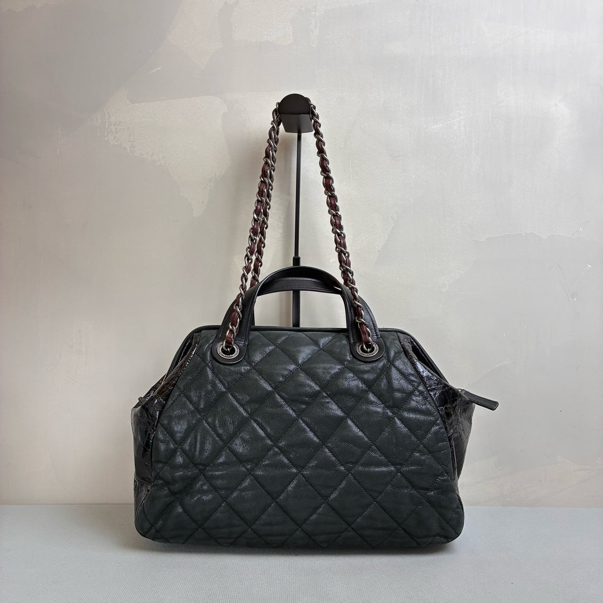 Chanel Black Quilted Chain Shoulder Bag, Bowling Bag Shape, Iridescent Calfskin and Oiled Leather, Classic Style
