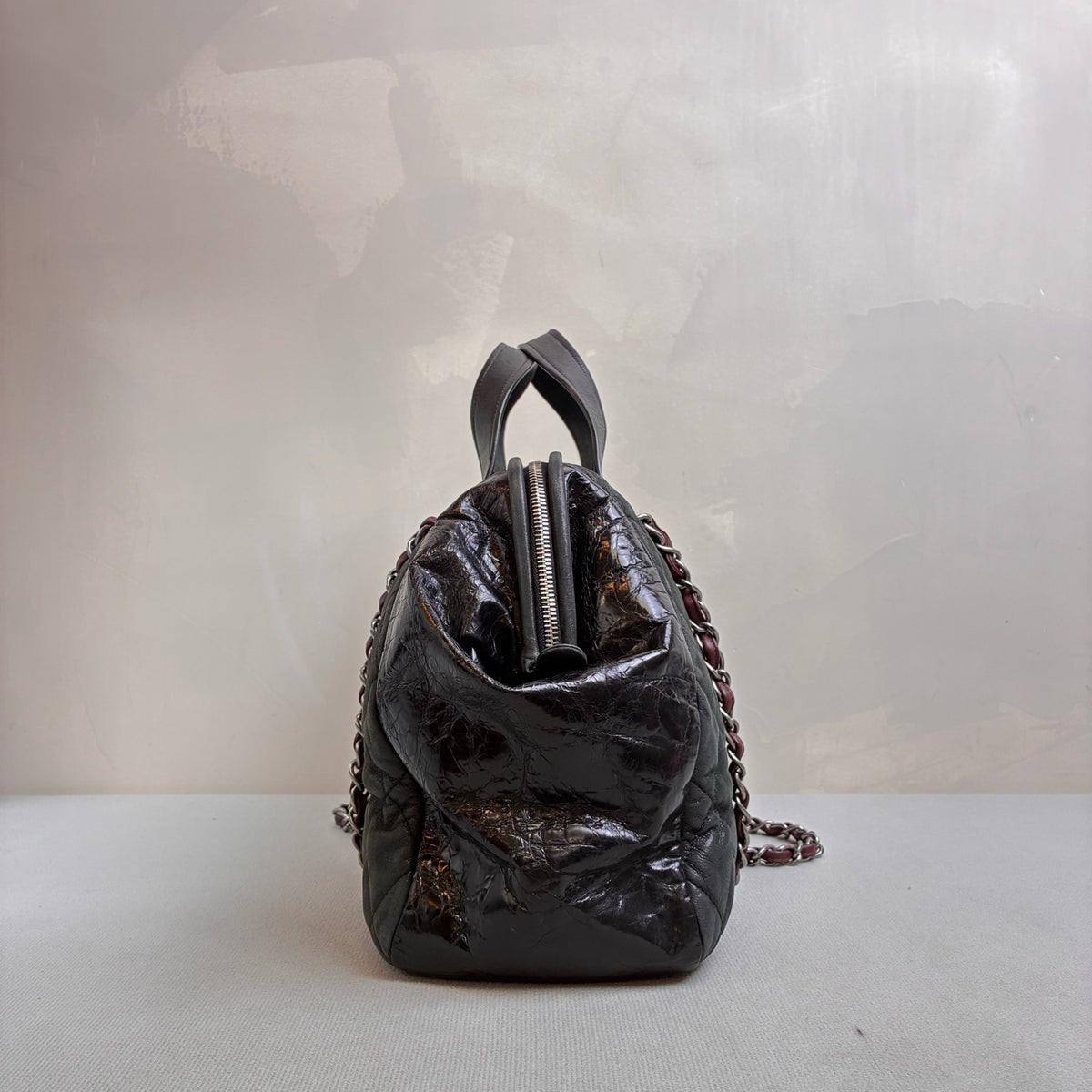 Chanel Black Quilted Chain Shoulder Bag, Bowling Bag Shape, Iridescent Calfskin and Oiled Leather, Classic Style