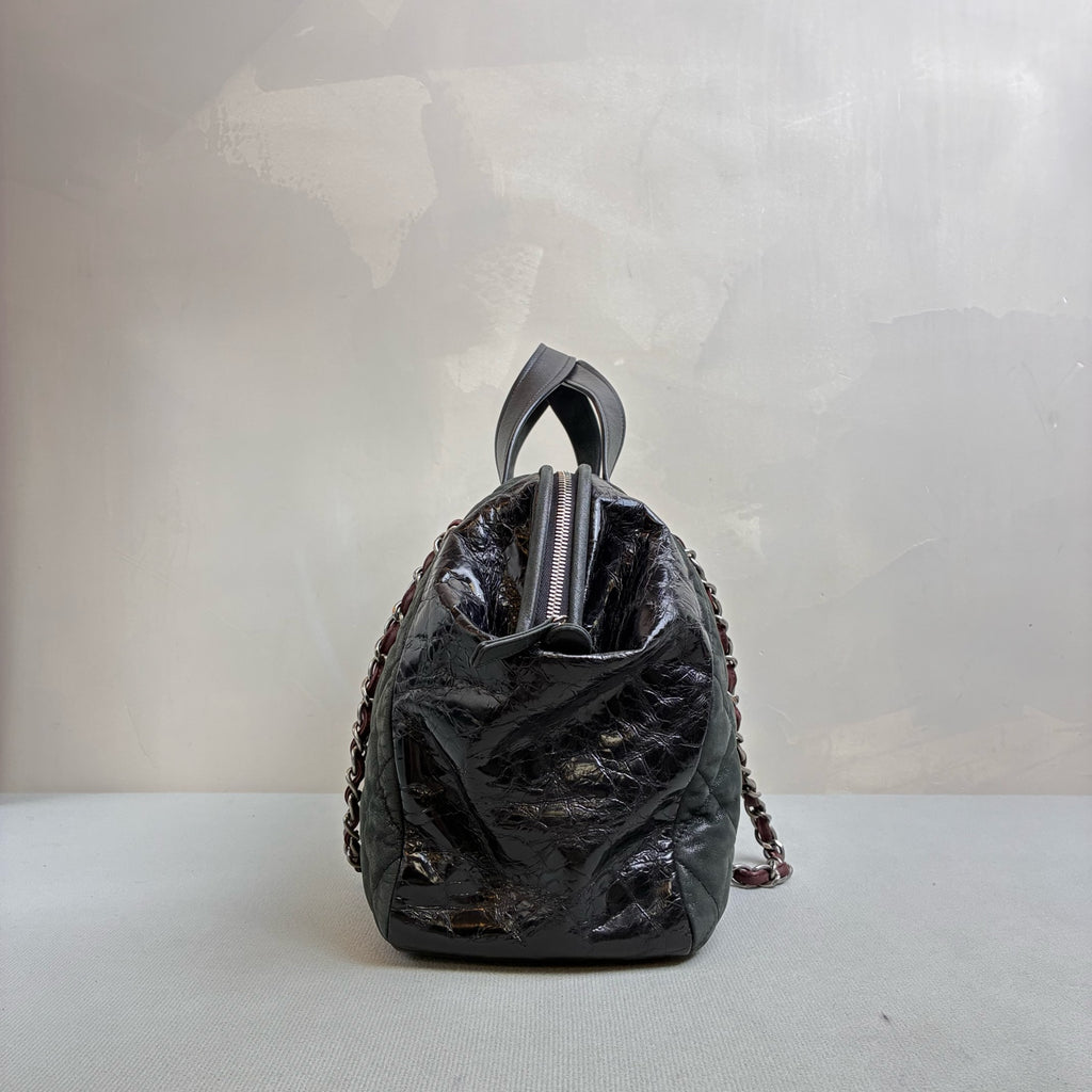 Chanel Black Quilted Chain Shoulder Bag, Bowling Bag Shape, Iridescent Calfskin and Oiled Leather, Classic Style