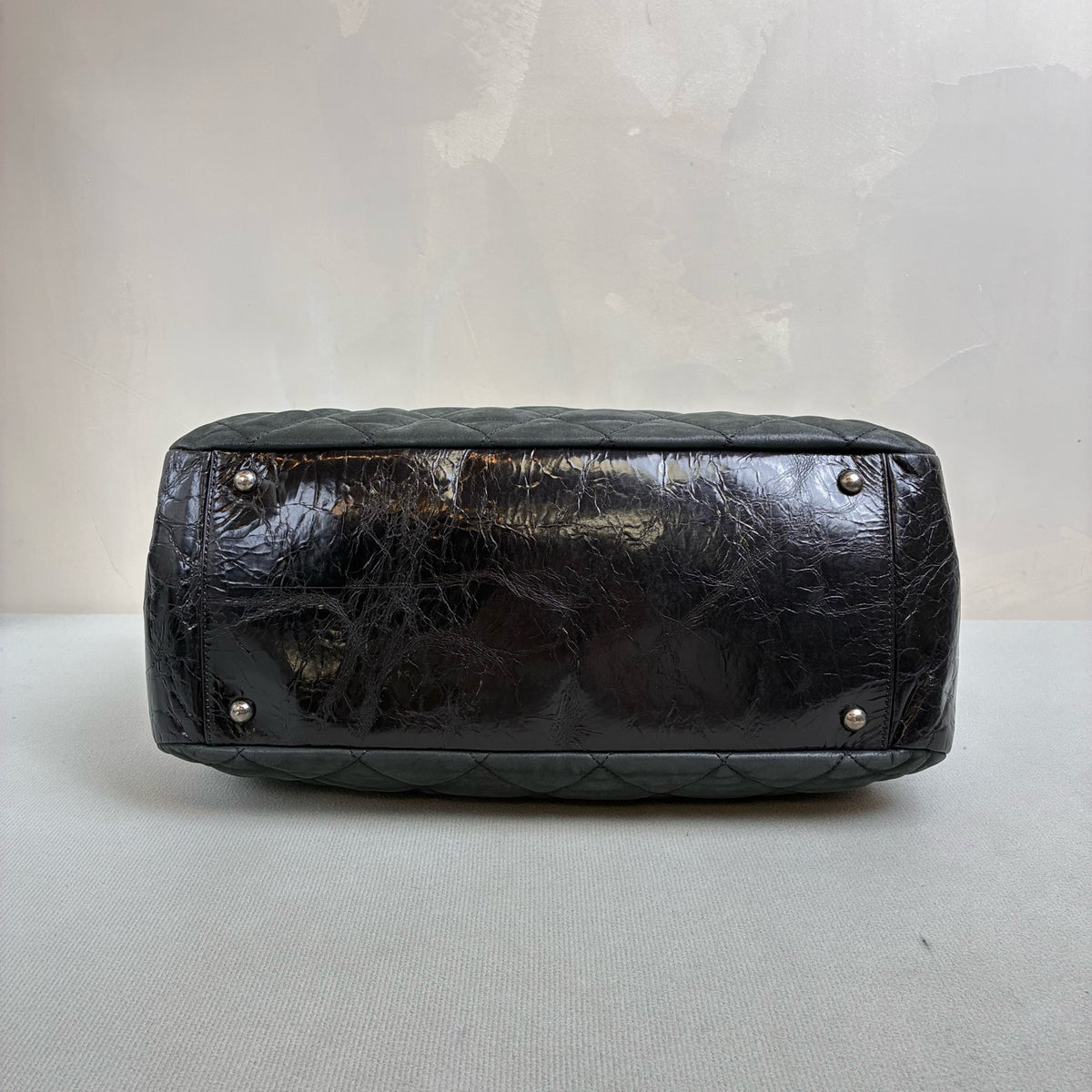 Chanel Black Quilted Chain Shoulder Bag, Bowling Bag Shape, Iridescent Calfskin and Oiled Leather, Classic Style