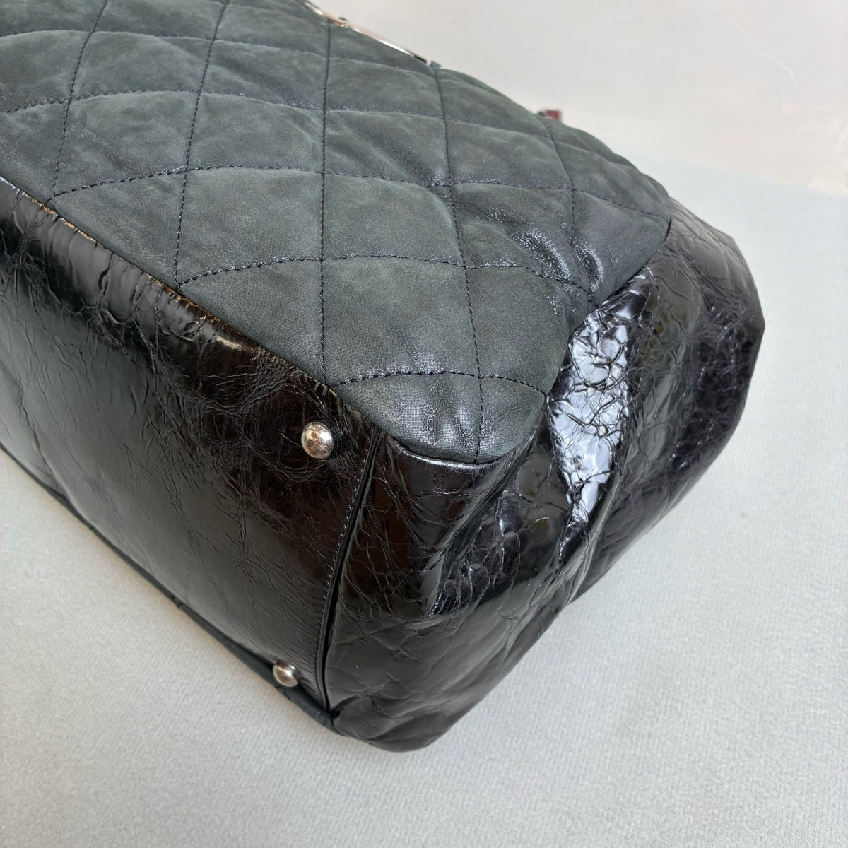 Chanel Black Quilted Chain Shoulder Bag, Bowling Bag Shape, Iridescent Calfskin and Oiled Leather, Classic Style
