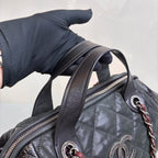 Chanel Black Quilted Chain Shoulder Bag, Bowling Bag Shape, Iridescent Calfskin and Oiled Leather, Classic Style