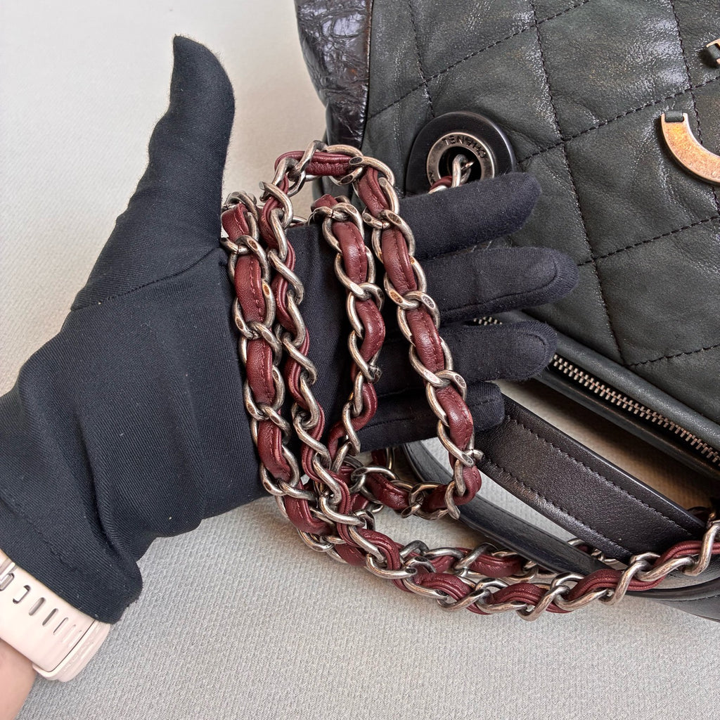Chanel Black Quilted Chain Shoulder Bag, Bowling Bag Shape, Iridescent Calfskin and Oiled Leather, Classic Style
