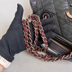 Chanel Black Quilted Chain Shoulder Bag, Bowling Bag Shape, Iridescent Calfskin and Oiled Leather, Classic Style