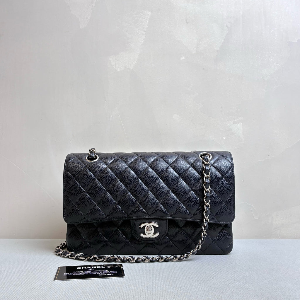 Chanel Classic Flap Medium Black Quilted Caviar Leather Silver Hardware Double Flap Chain Shoulder Bag with Card