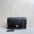 Chanel Classic Flap Medium Black Quilted Caviar Leather Silver Hardware Double Flap Chain Shoulder Bag with Card