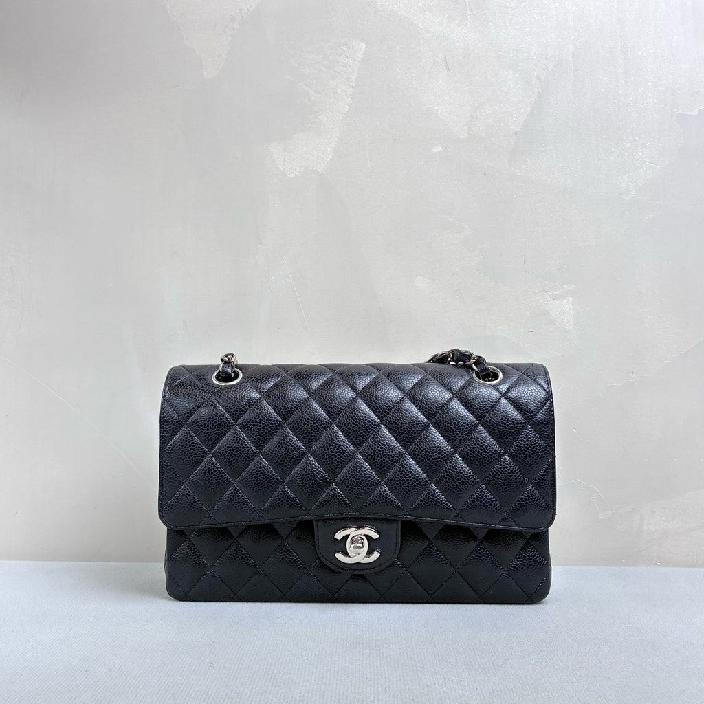 Chanel Classic Flap Medium Black Quilted Caviar Leather Silver Hardware Double Flap Chain Shoulder Bag with Card