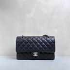 Chanel Classic Flap Medium Black Quilted Caviar Leather Silver Hardware Double Flap Chain Shoulder Bag with Card
