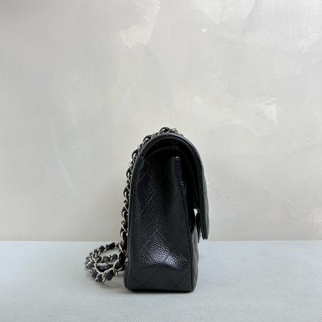 Chanel Classic Flap Medium Black Quilted Caviar Leather Silver Hardware Double Flap Chain Shoulder Bag with Card