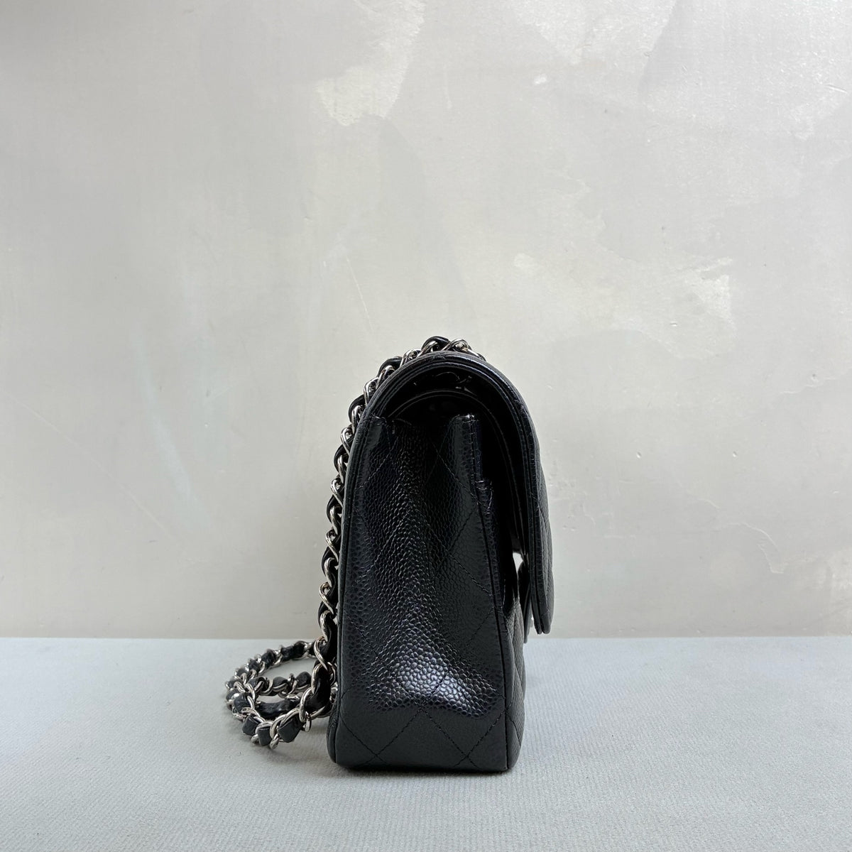 Chanel Classic Flap Medium Black Quilted Caviar Leather Silver Hardware Double Flap Chain Shoulder Bag with Card