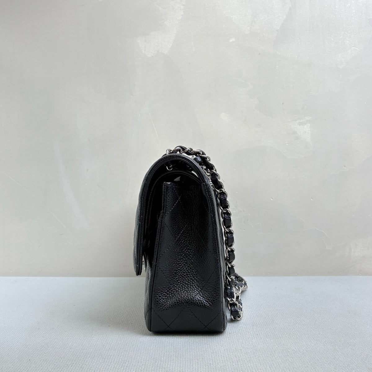 Chanel Classic Flap Medium Black Quilted Caviar Leather Silver Hardware Double Flap Chain Shoulder Bag with Card