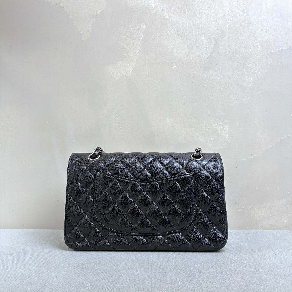 Chanel Classic Flap Medium Black Quilted Caviar Leather Silver Hardware Double Flap Chain Shoulder Bag with Card