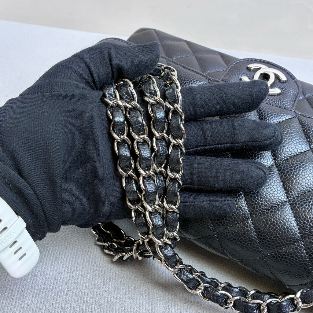 Chanel Classic Flap Medium Black Quilted Caviar Leather Silver Hardware Double Flap Chain Shoulder Bag with Card