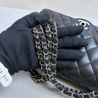 Chanel Classic Flap Medium Black Quilted Caviar Leather Silver Hardware Double Flap Chain Shoulder Bag with Card